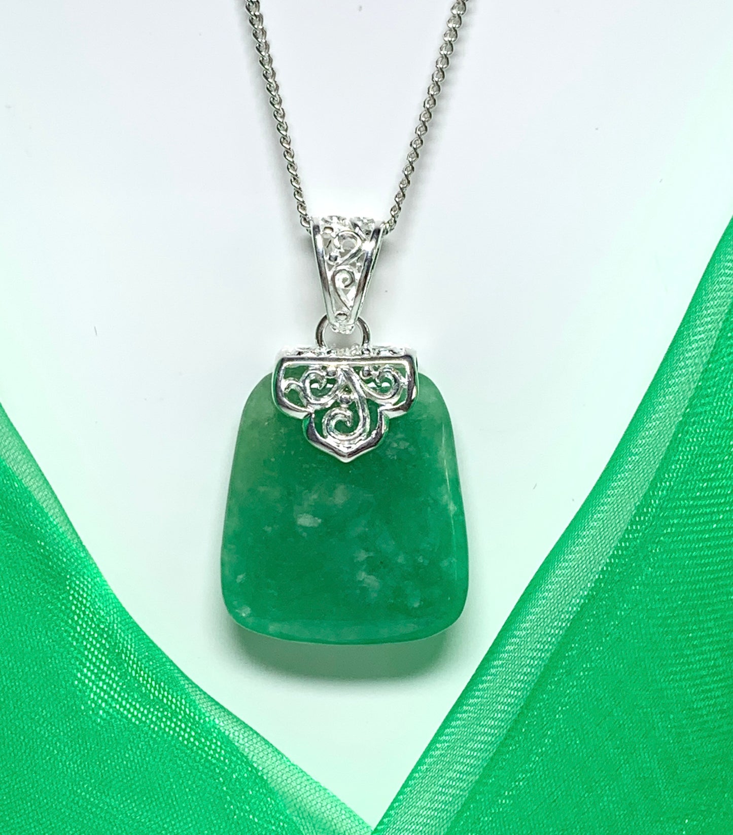 Real jade necklace green sterling silver large cushion shaped