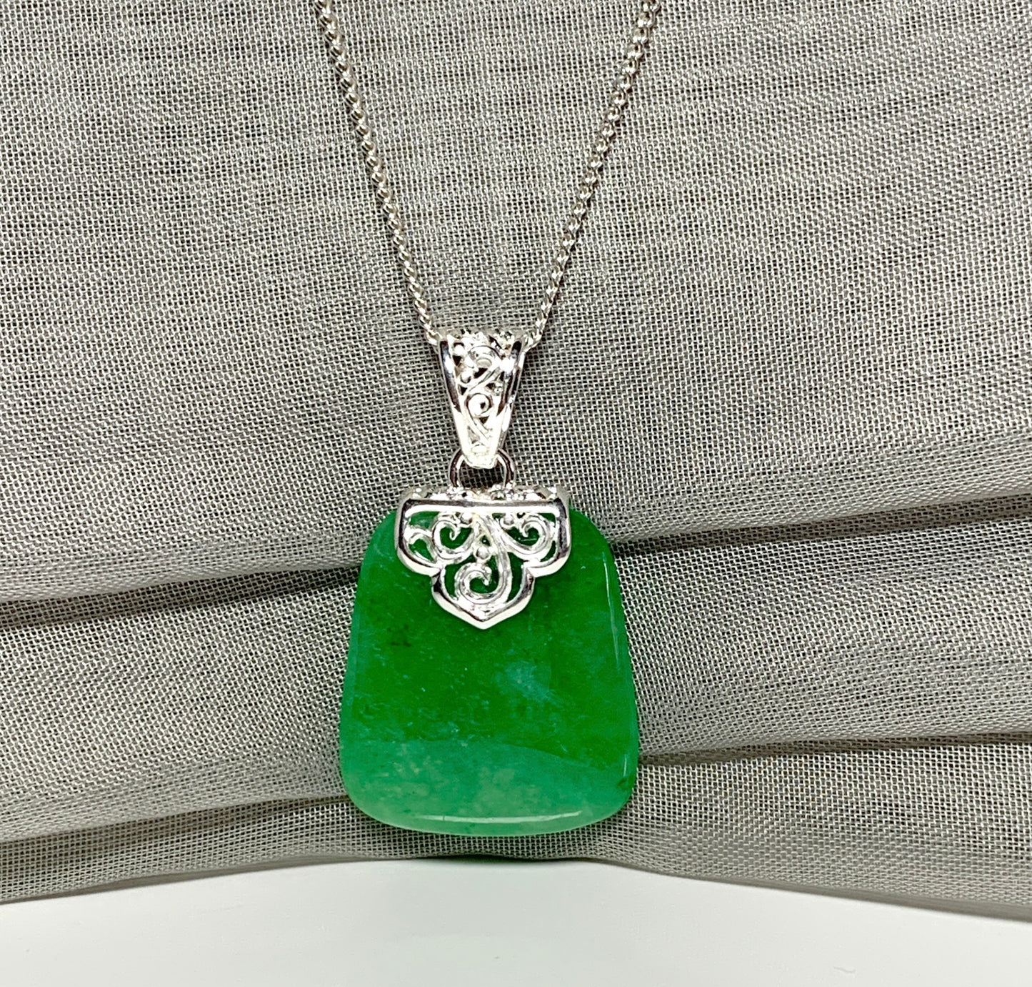 Real jade necklace green sterling silver large cushion shaped