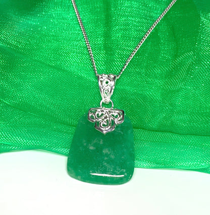 Real jade necklace green sterling silver large cushion shaped