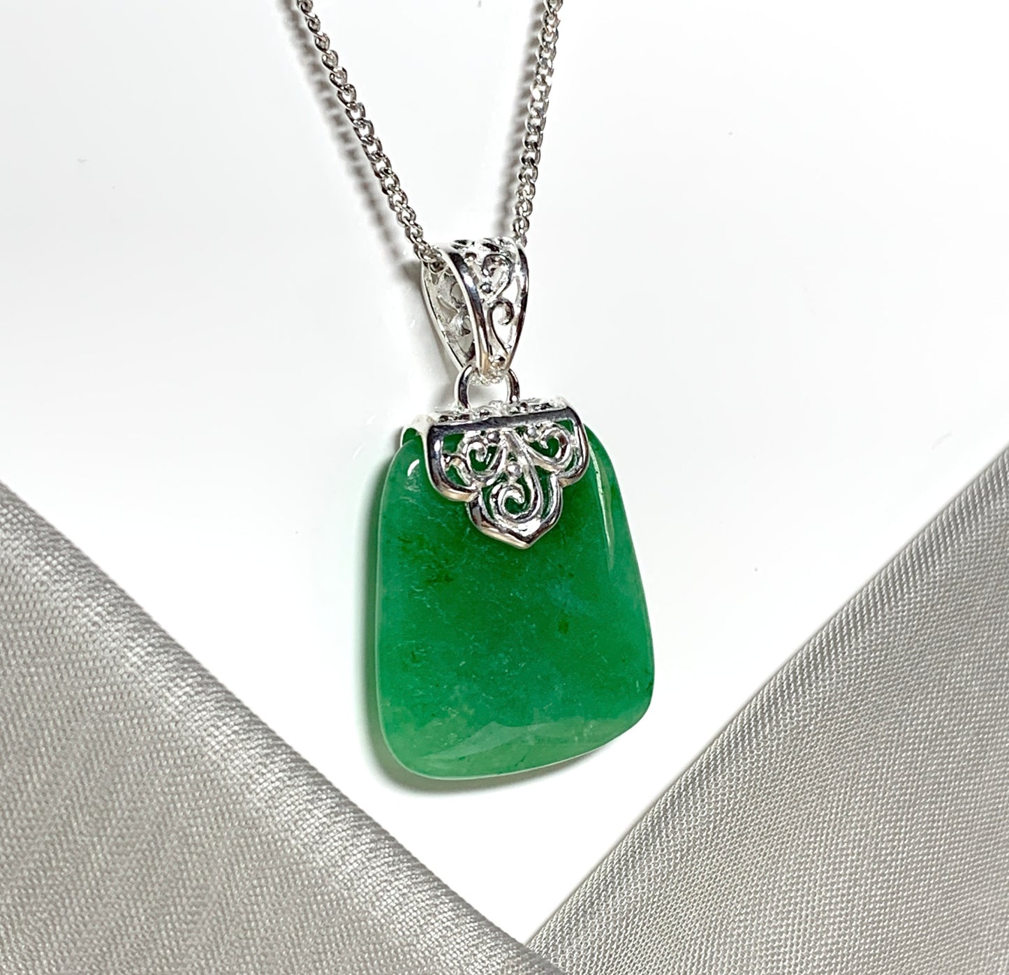 Real jade necklace green sterling silver large cushion shaped