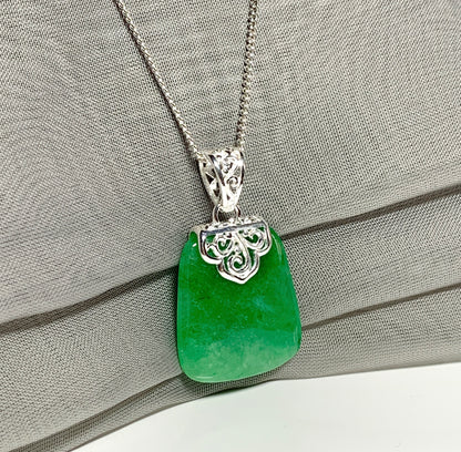 Real jade necklace green sterling silver large cushion shaped