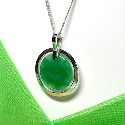 Large real jade pendant necklace sterling silver round shaped green halo designed