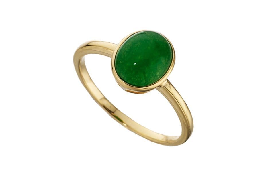 Real jade ring green oval yellow gold smooth rubbed over setting