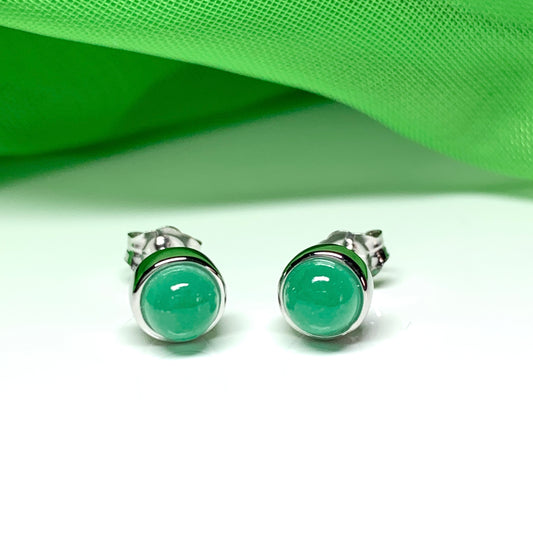 Real jade stud earrings green round rubbed over smooth setting white gold