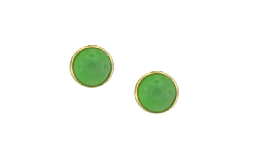 Real jade stud earrings green round rubbed over smooth setting yellow gold