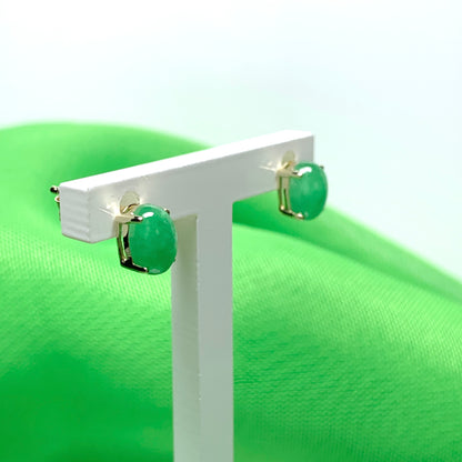 Real jade yellow gold stud earrings oval green