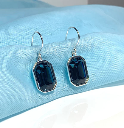 Large deep blue crystal octagonal drop earrings