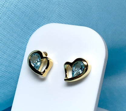 Real light blue topaz heart shaped stud earrings gold plated sterling silver gilt