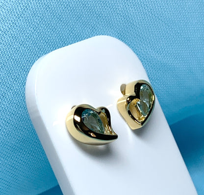 Real light blue topaz heart shaped stud earrings gold plated sterling silver gilt