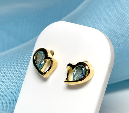 Real light blue topaz heart shaped stud earrings gold plated sterling silver gilt