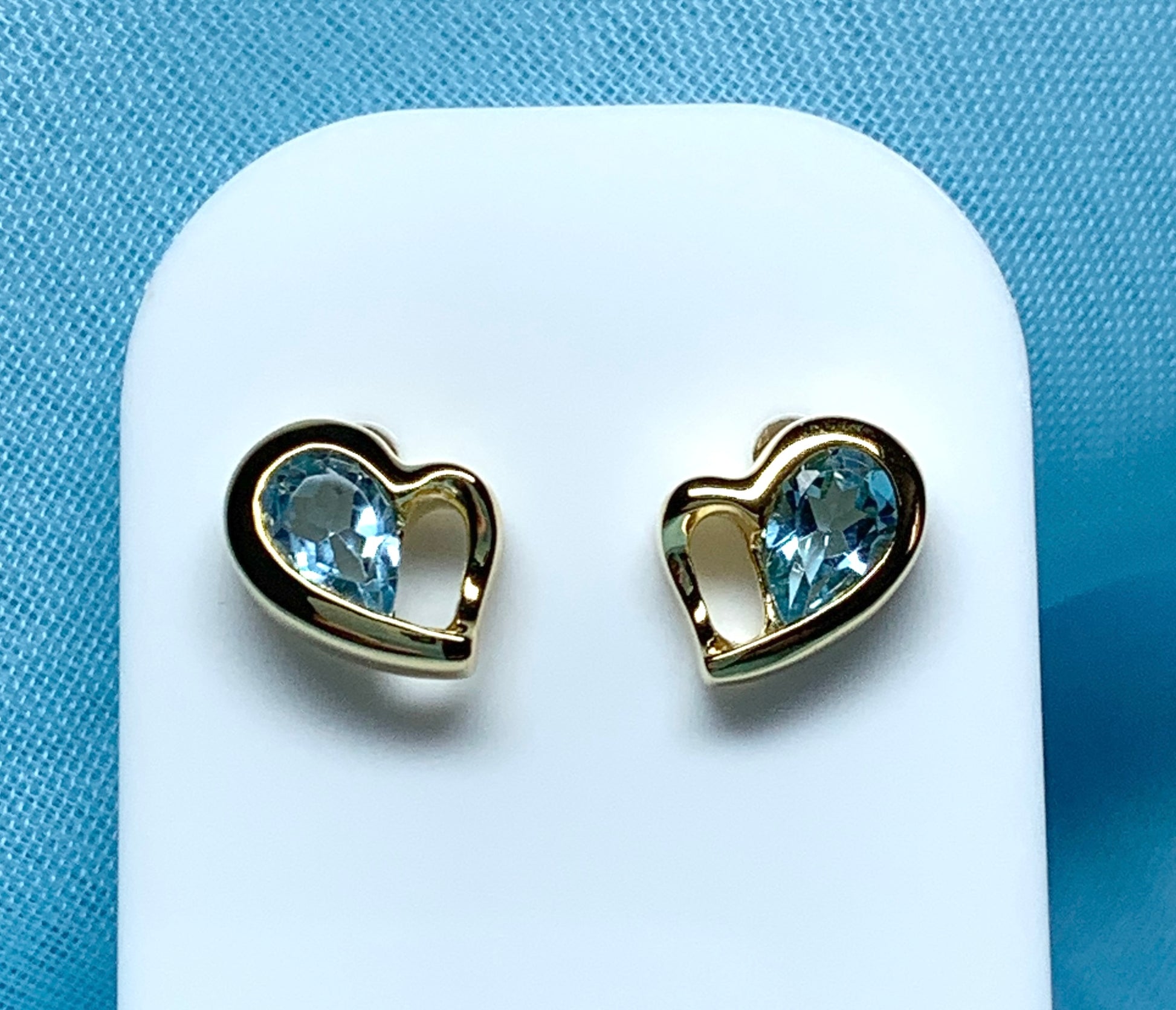 Real light blue topaz heart shaped stud earrings gold plated sterling silver gilt