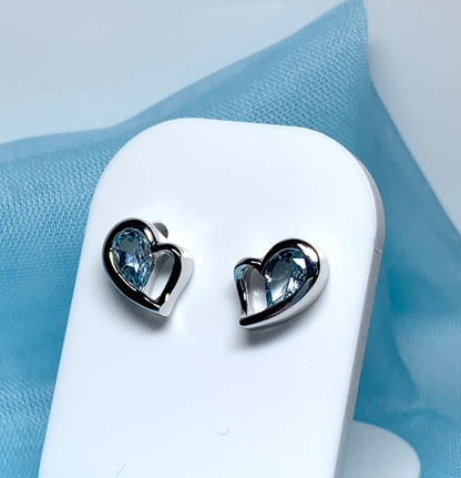 Real light blue topaz heart shaped stud earrings sterling silver