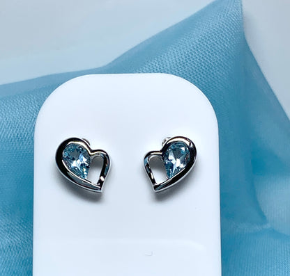 Real light blue topaz heart shaped stud earrings sterling silver