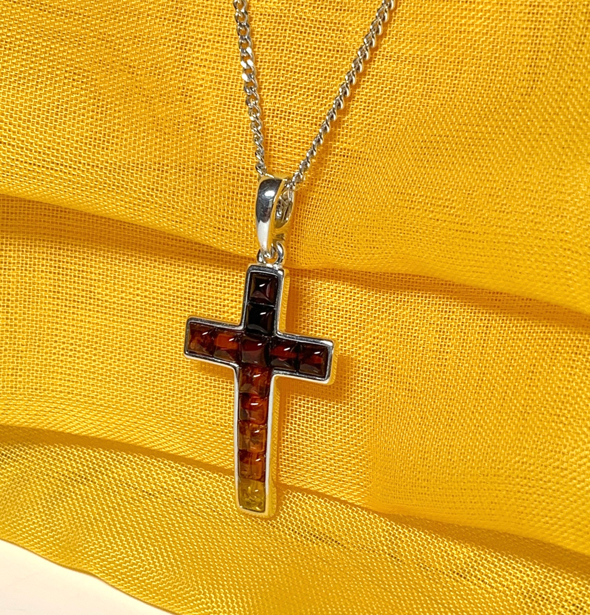 Real multi coloured amber cross necklace sterling silver