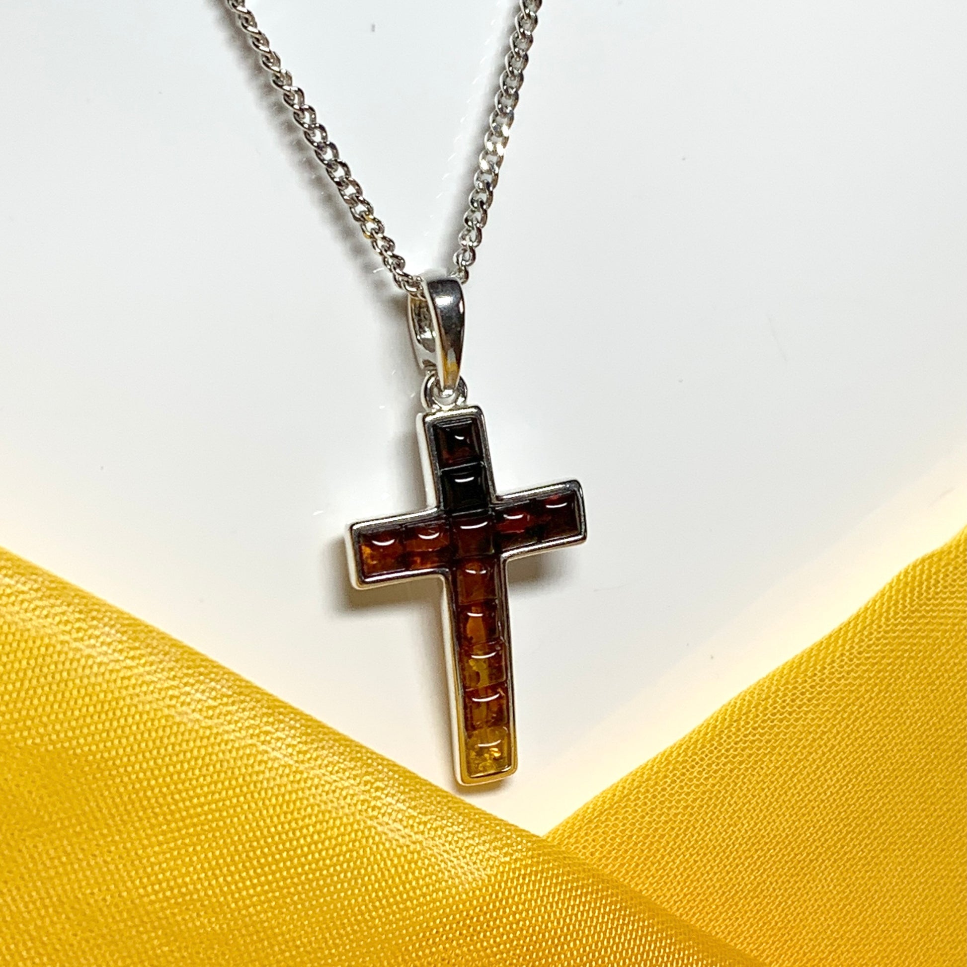 Real multi coloured amber cross necklace sterling silver