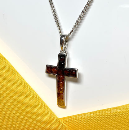 Real multi coloured amber cross necklace sterling silver