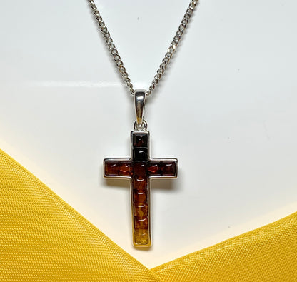 Real multi coloured amber cross necklace sterling silver