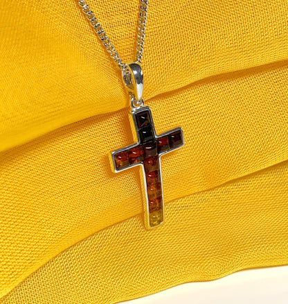 Real multi coloured amber cross necklace sterling silver