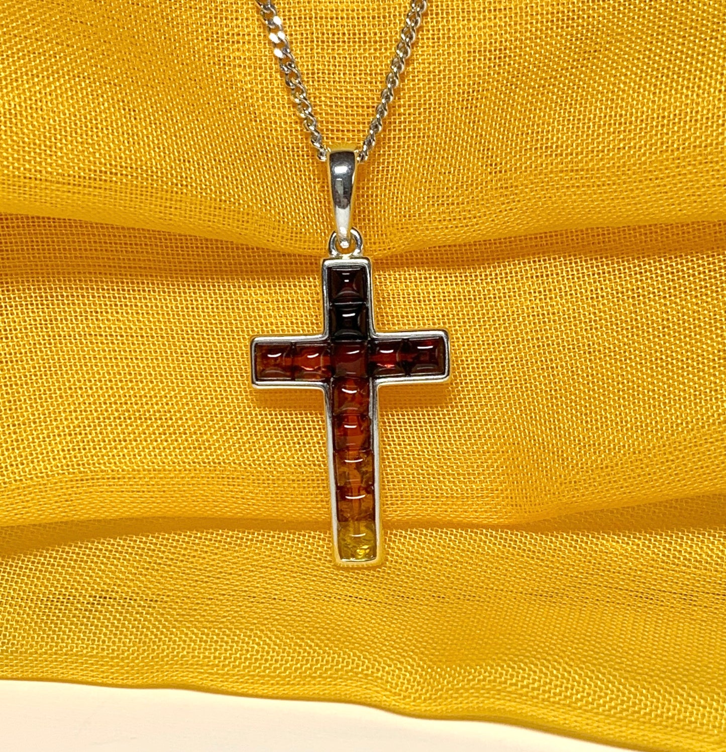 Real multi coloured amber cross necklace sterling silver