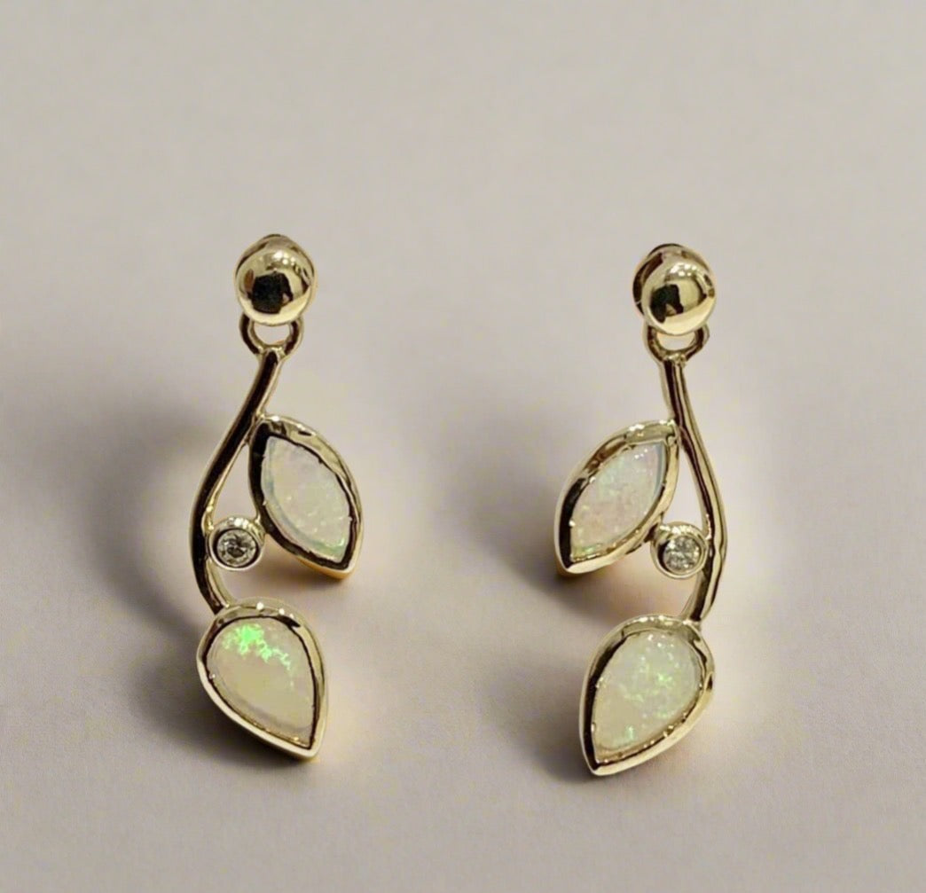 Real opal and diamond gold fancy drop earrings