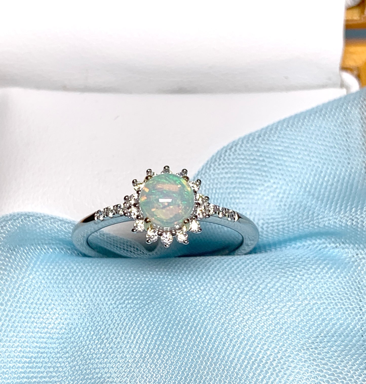 Real opal cluster ring round sterling silver and cubic zirconia