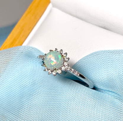 Real opal cluster ring round sterling silver and cubic zirconia