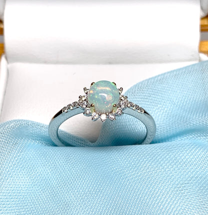 Real opal cluster ring round sterling silver and cubic zirconia