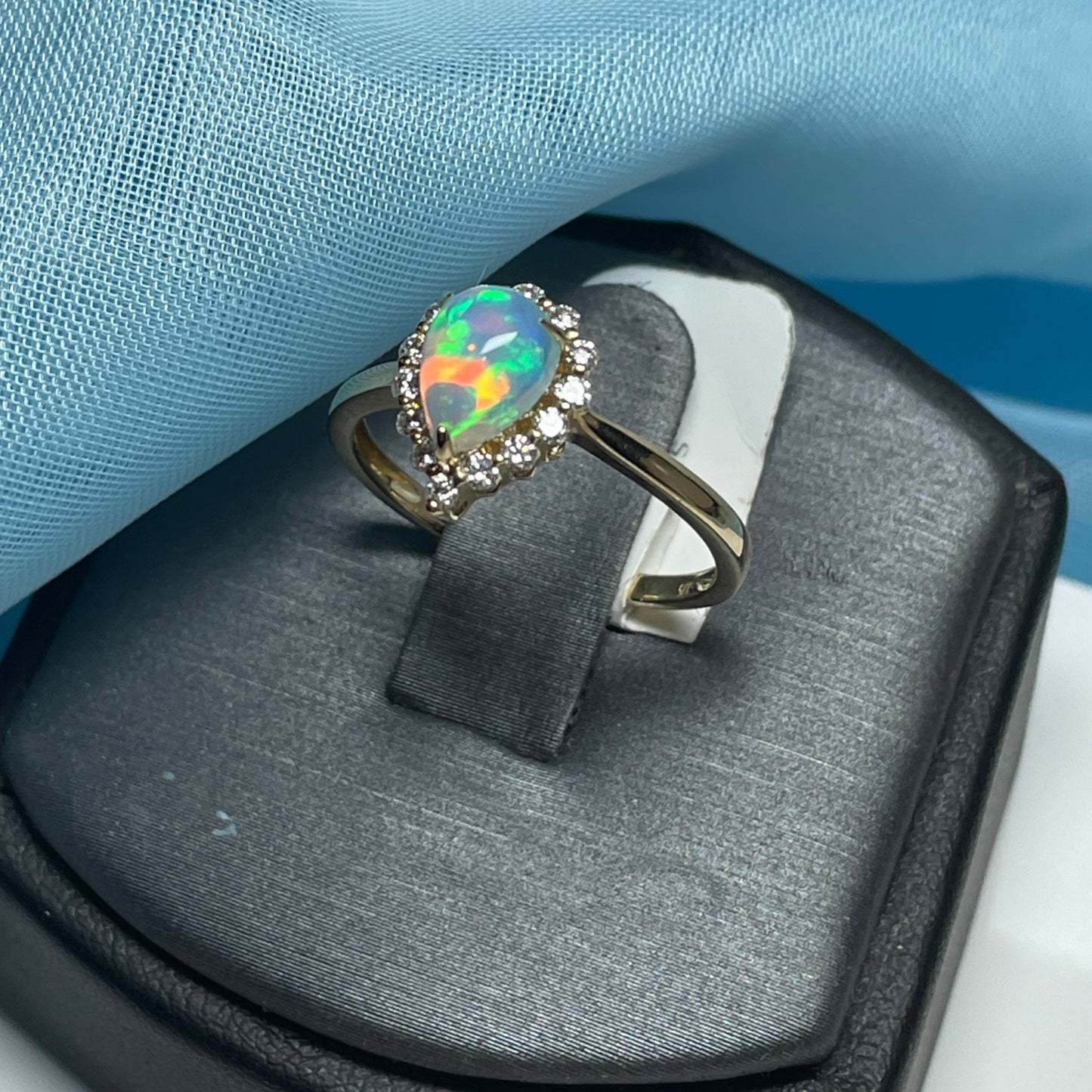 Real opal cluster ring with diamond pear teardrop yellow gold