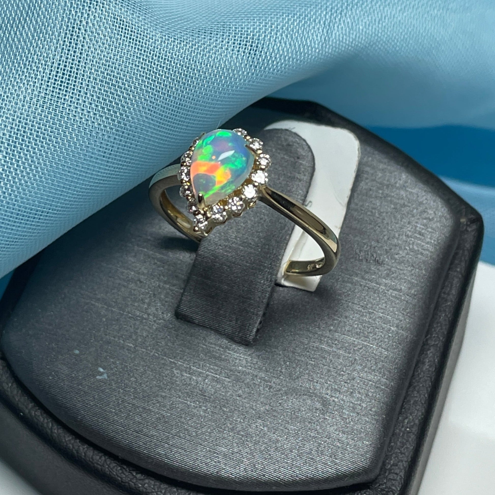 Real opal cluster ring with diamond pear teardrop yellow gold