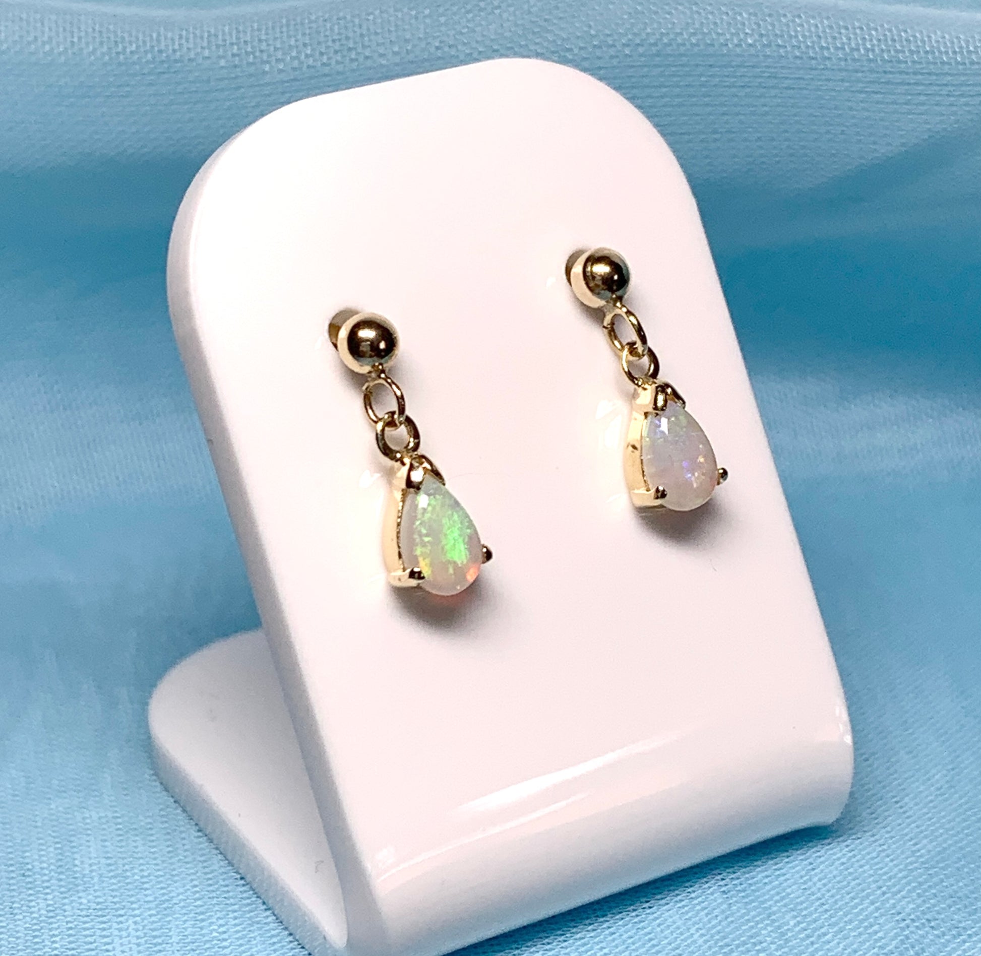 Real opal drop earrings yellow gold pear shaped