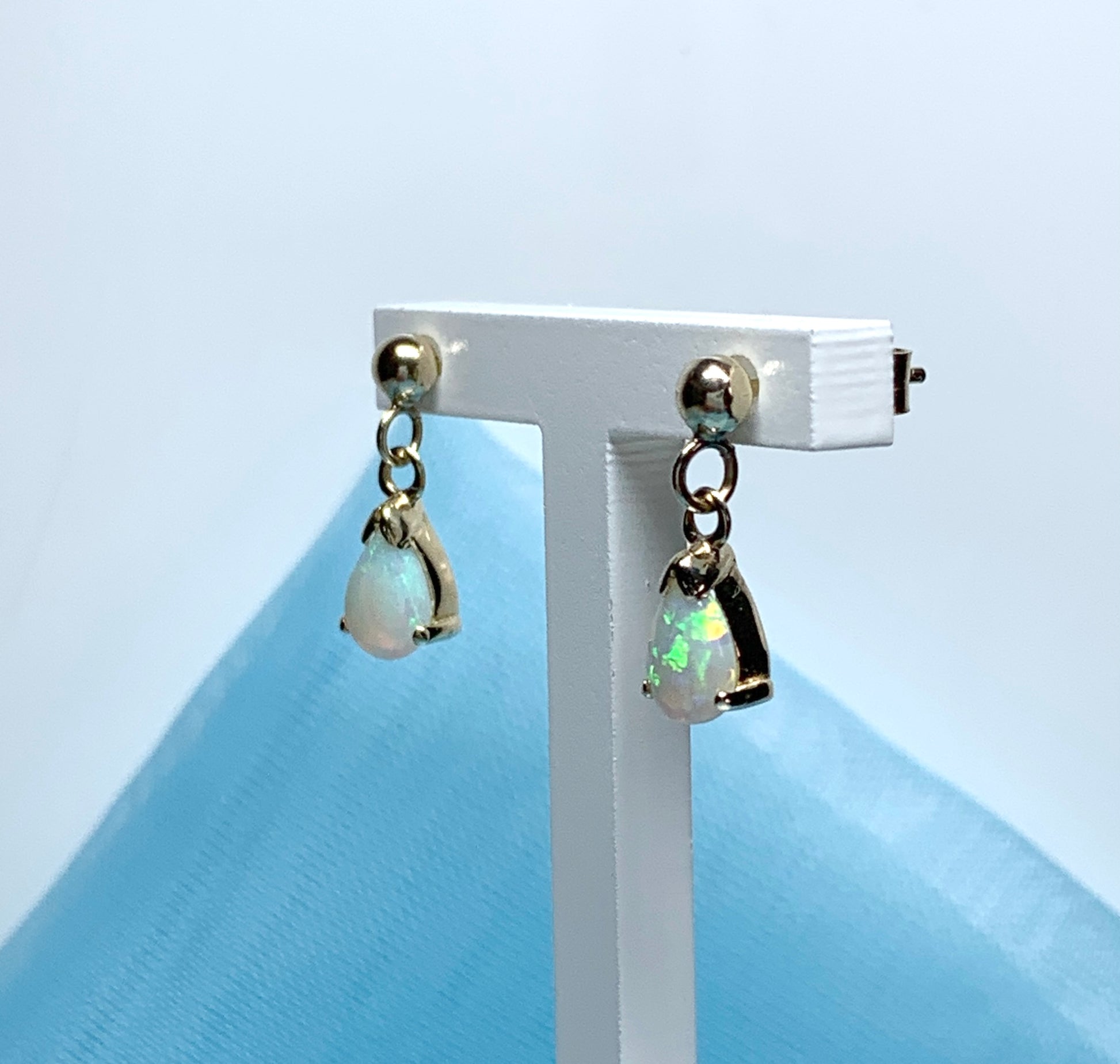 Real opal drop earrings yellow gold pear shaped