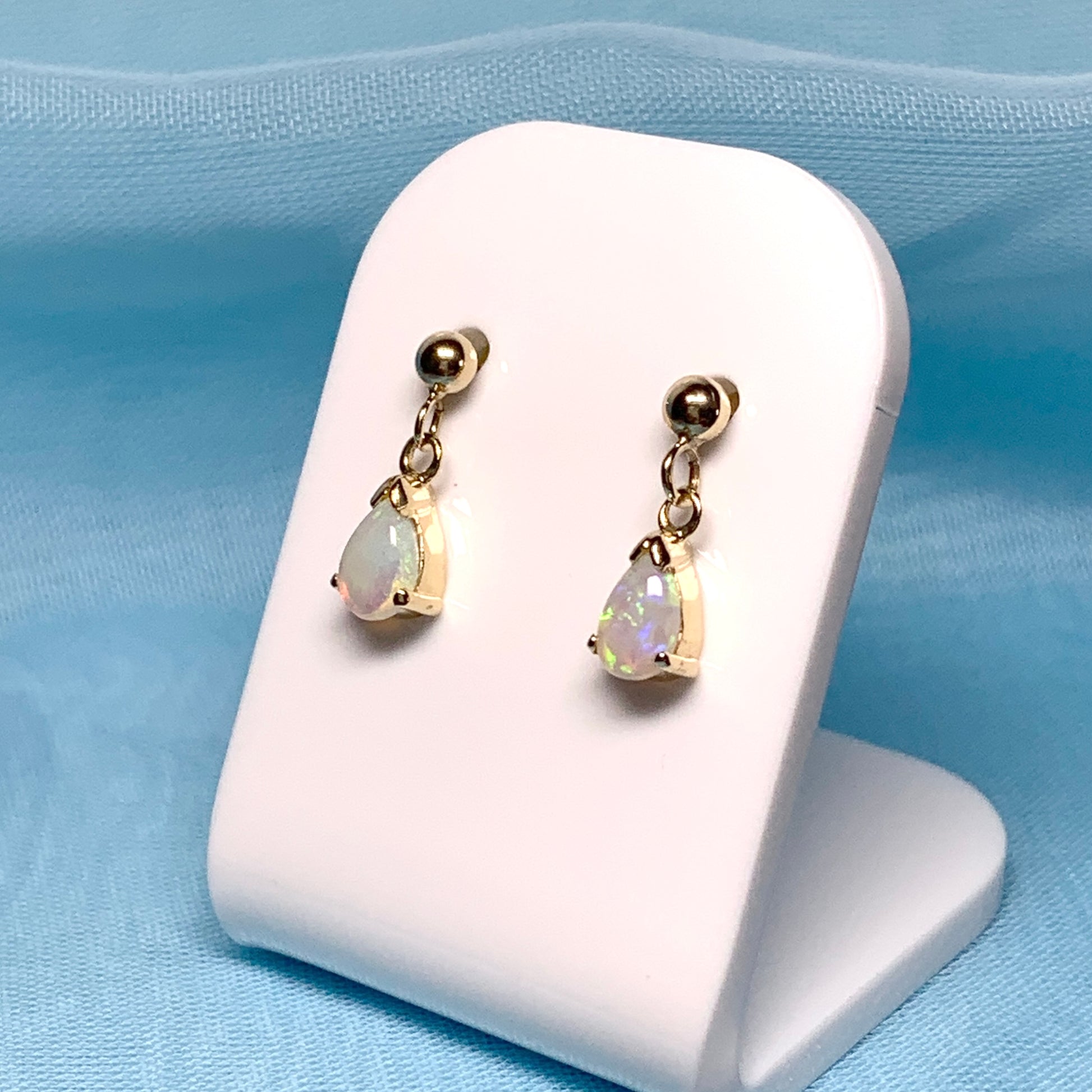 Real opal drop earrings yellow gold pear shaped