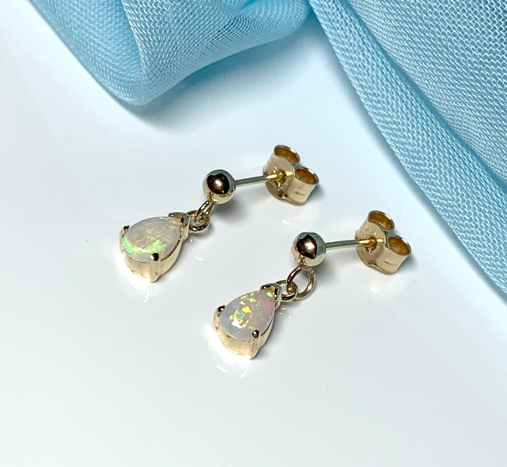 Real opal drop earrings yellow gold pear shaped