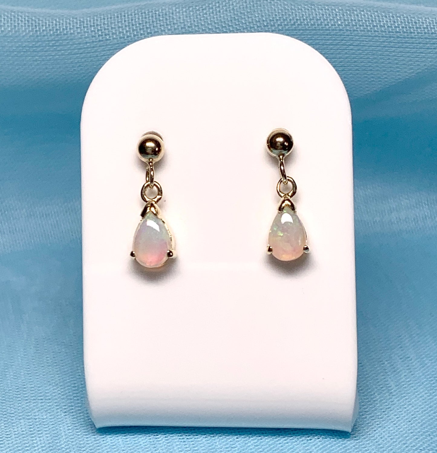 Real opal drop earrings yellow gold pear shaped