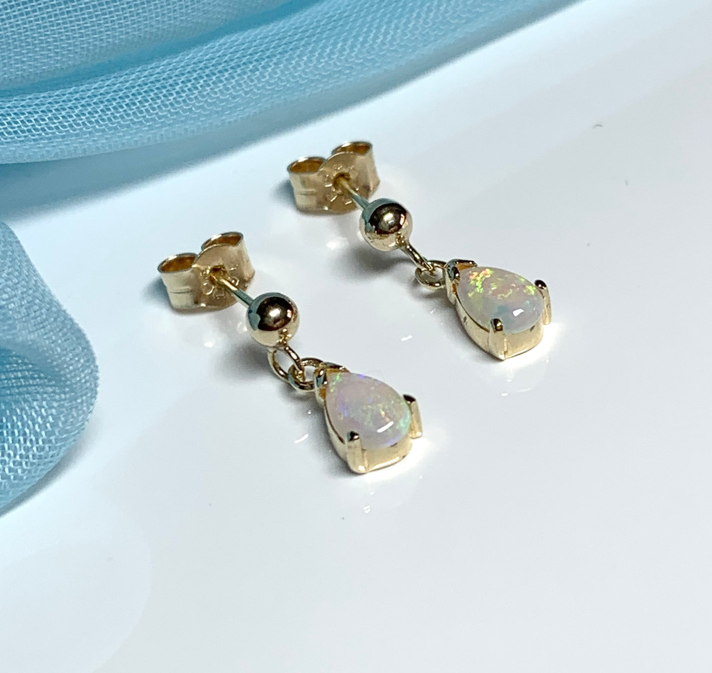 Real opal drop earrings yellow gold pear shaped