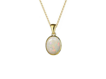 Real opal necklace yellow gold oval pendant smooth rubbed over setting