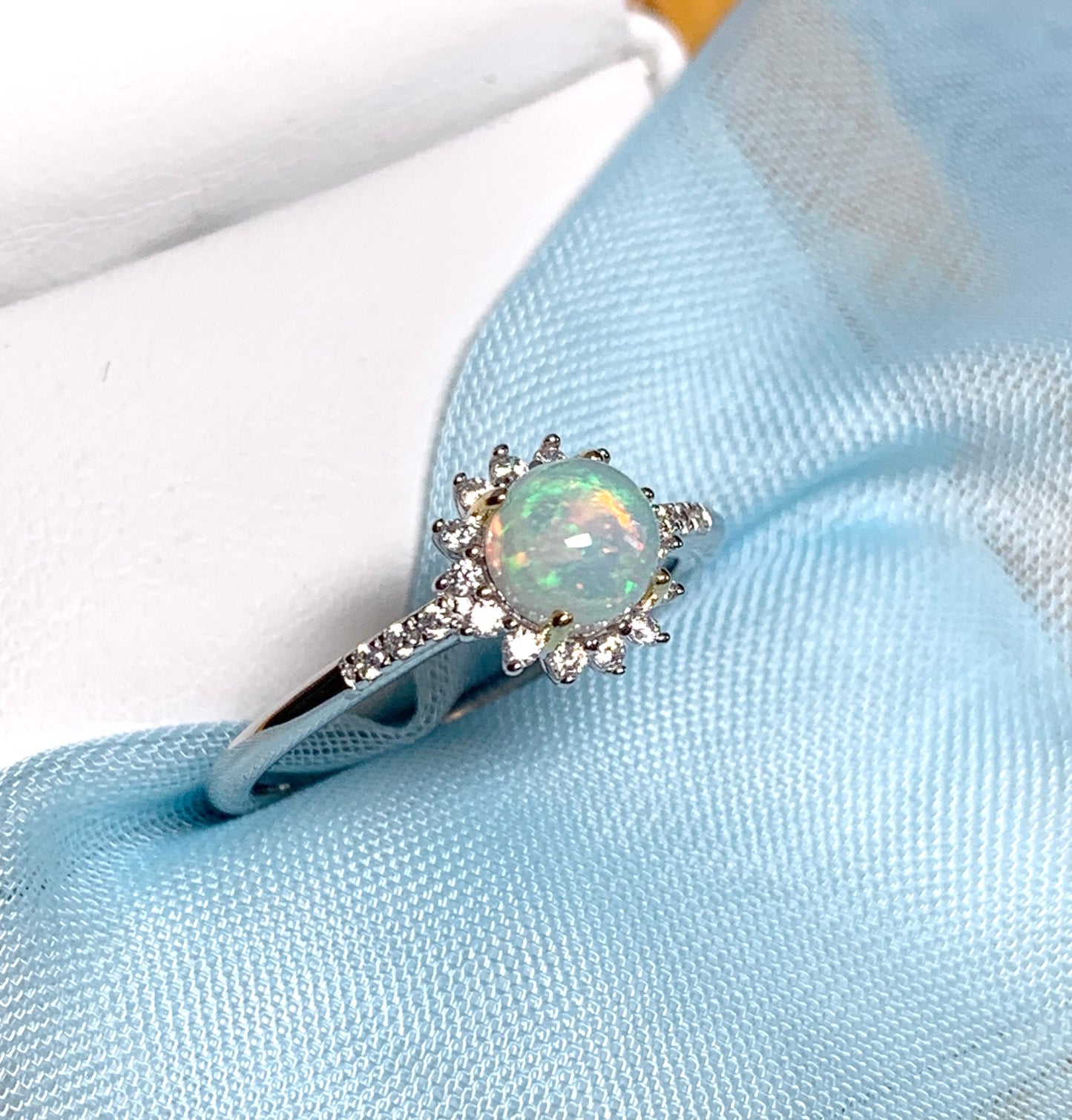 Real opal cluster ring round sterling silver and cubic zirconia