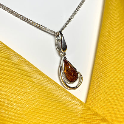 Real teardrop pear shaped amber fancy necklace sterling silver