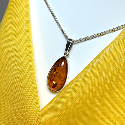 Real teardrop pear shaped amber necklace sterling silver