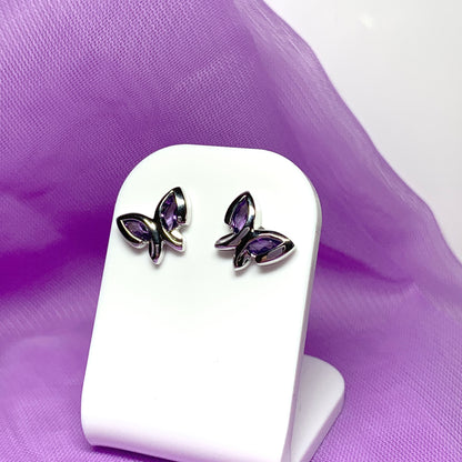 Real purple amethyst butterfly shaped stud earrings sterling silver