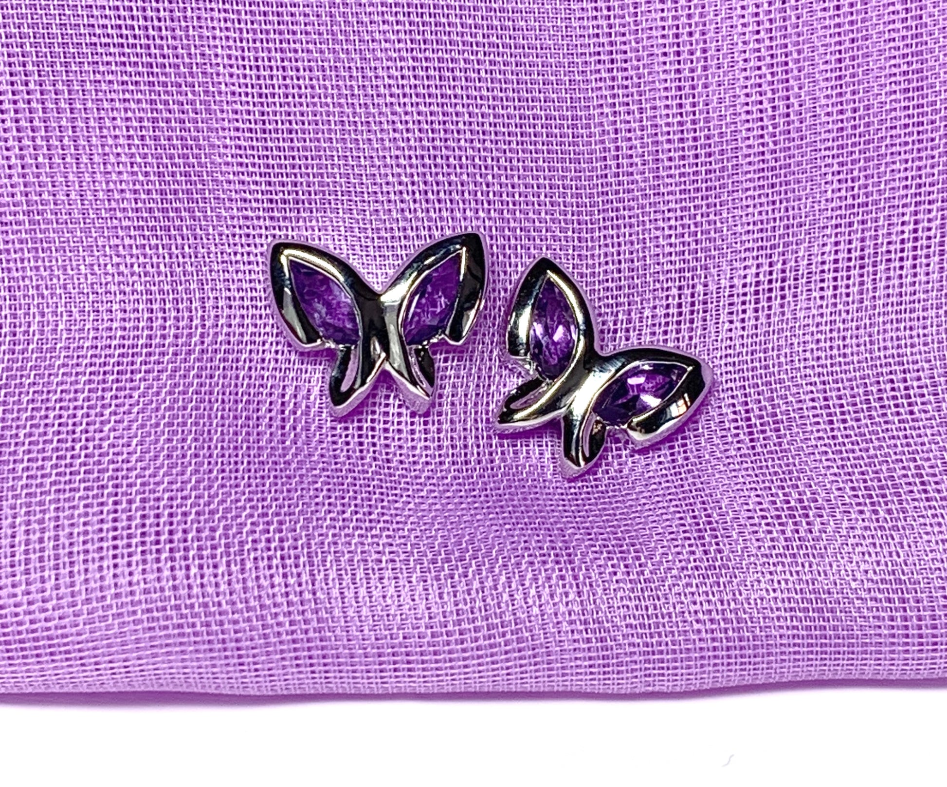 Real purple amethyst butterfly shaped stud earrings sterling silver