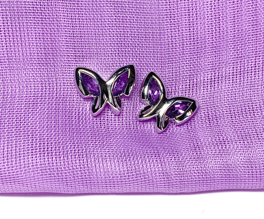 Real purple amethyst butterfly shaped stud earrings sterling silver