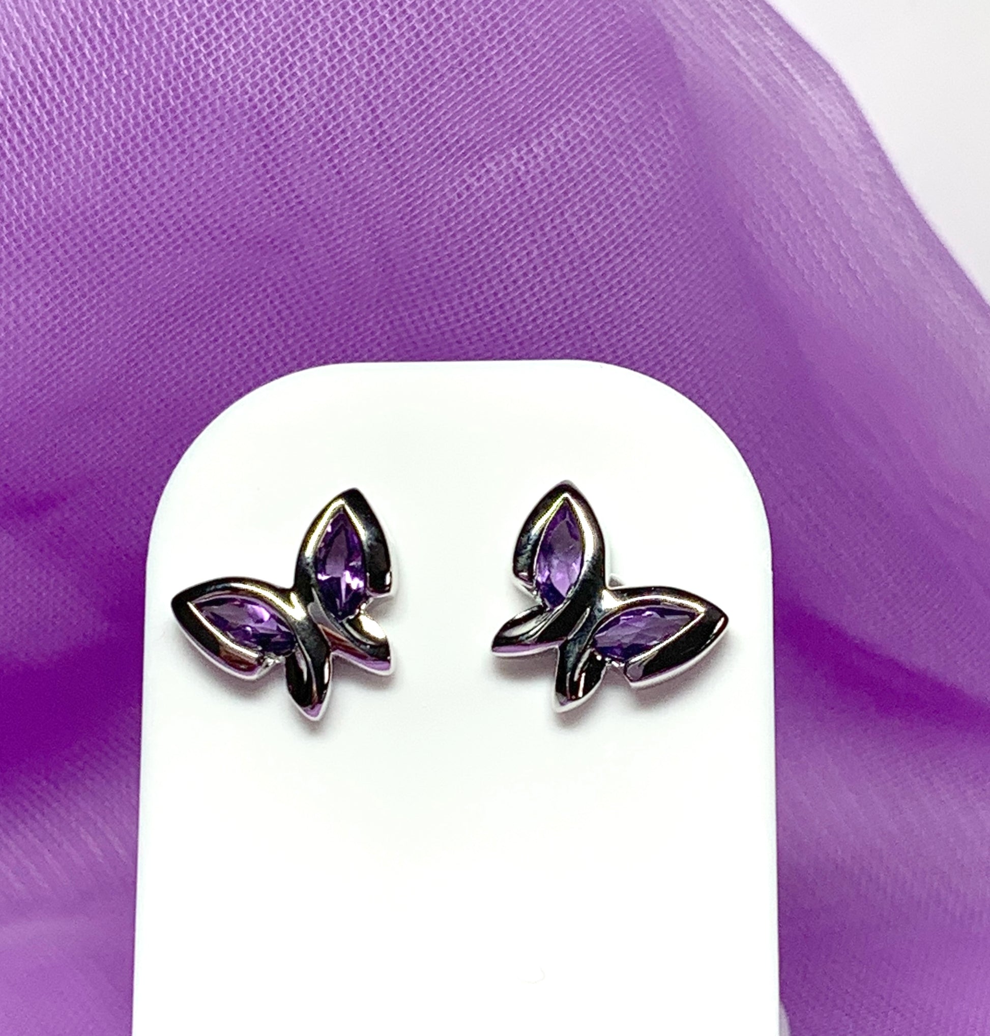 Real purple amethyst butterfly shaped stud earrings sterling silver