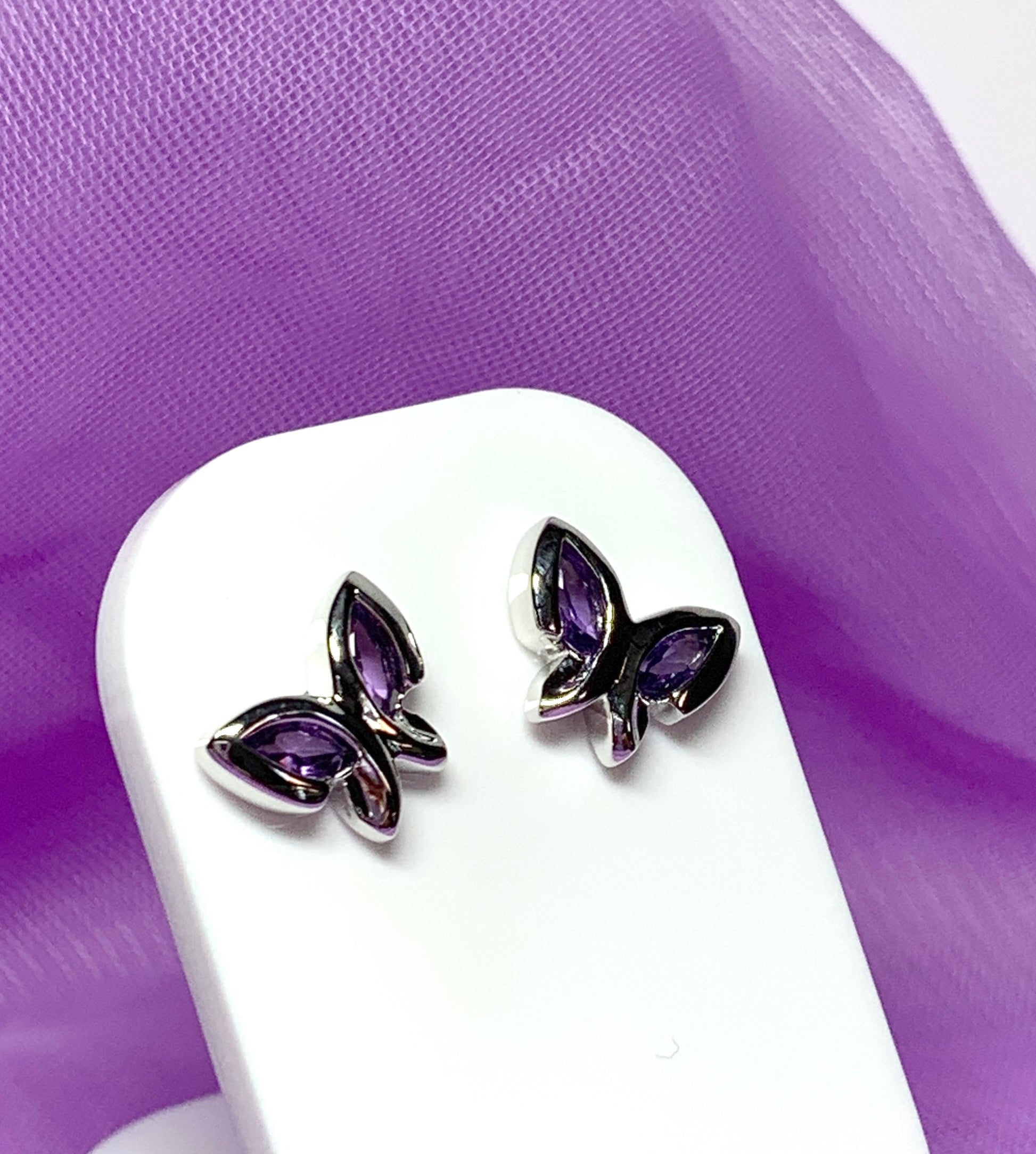 Real purple amethyst butterfly shaped stud earrings sterling silver