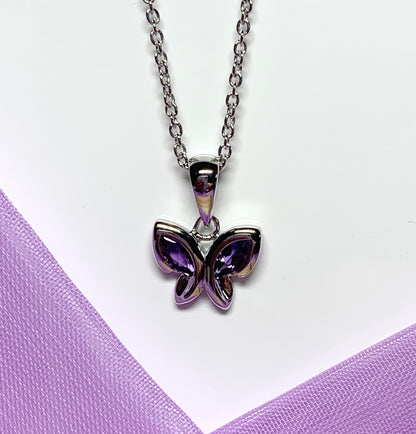 Real purple amethyst butterfly shape necklace pendant sterling silver