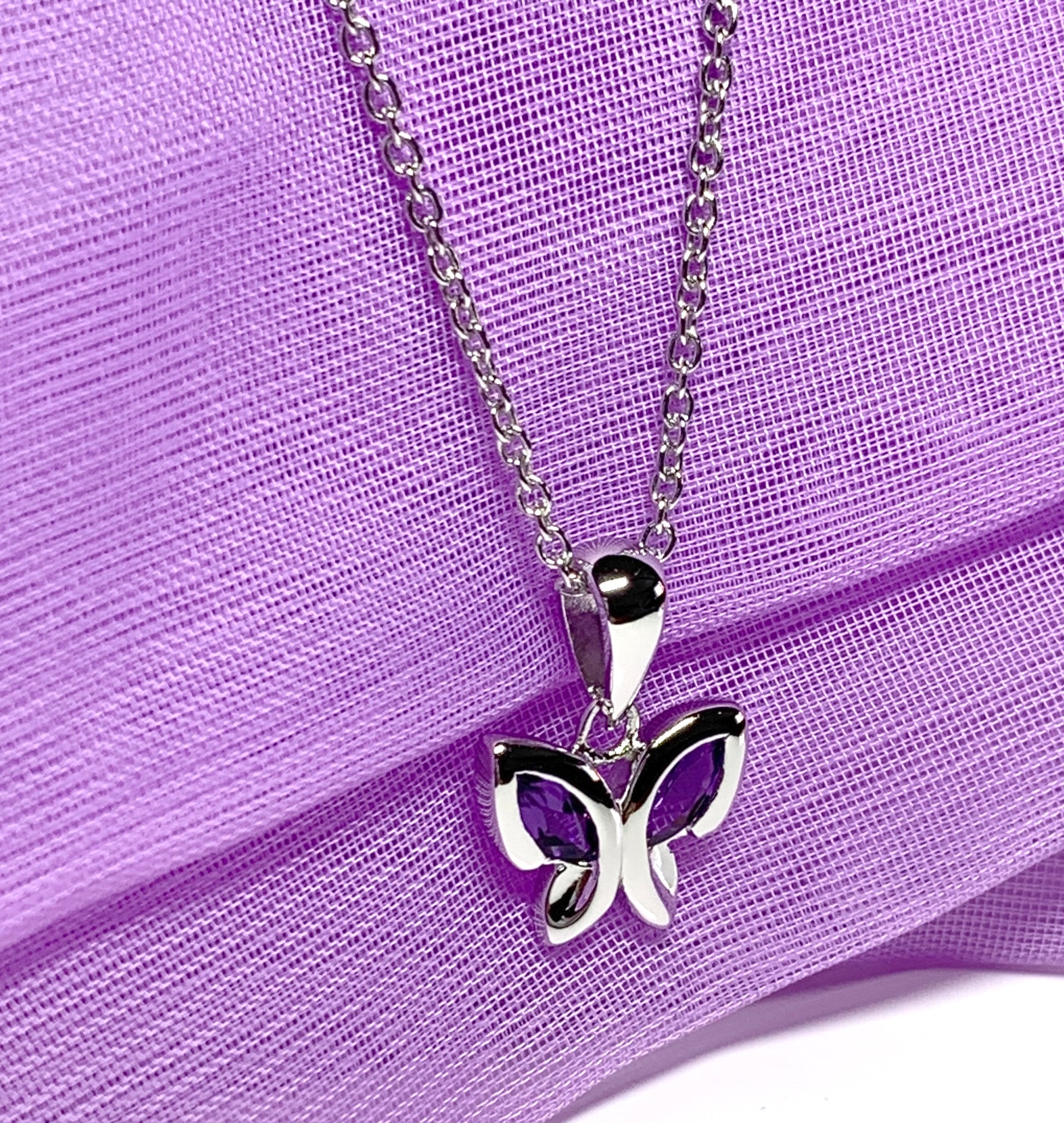 Real purple amethyst butterfly shape necklace pendant sterling silver