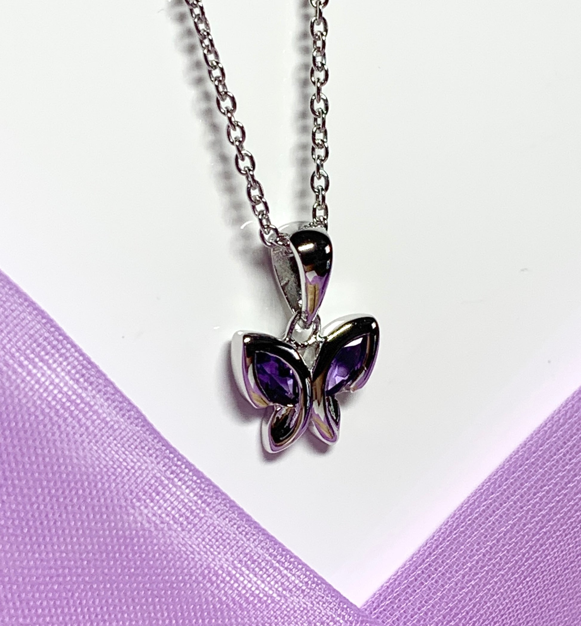 Real purple amethyst butterfly shape necklace pendant sterling silver