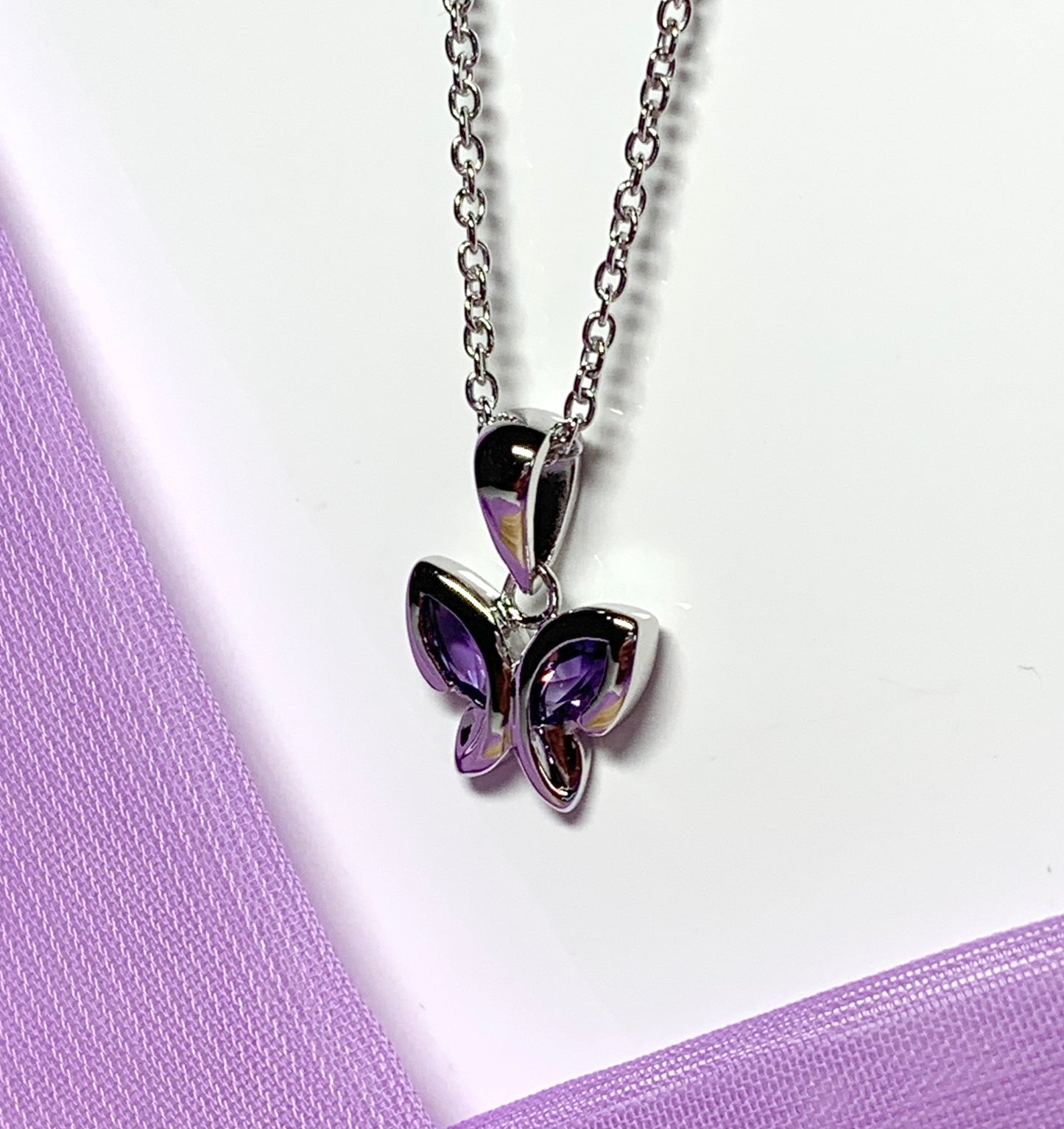 Real purple amethyst butterfly shape necklace pendant sterling silver