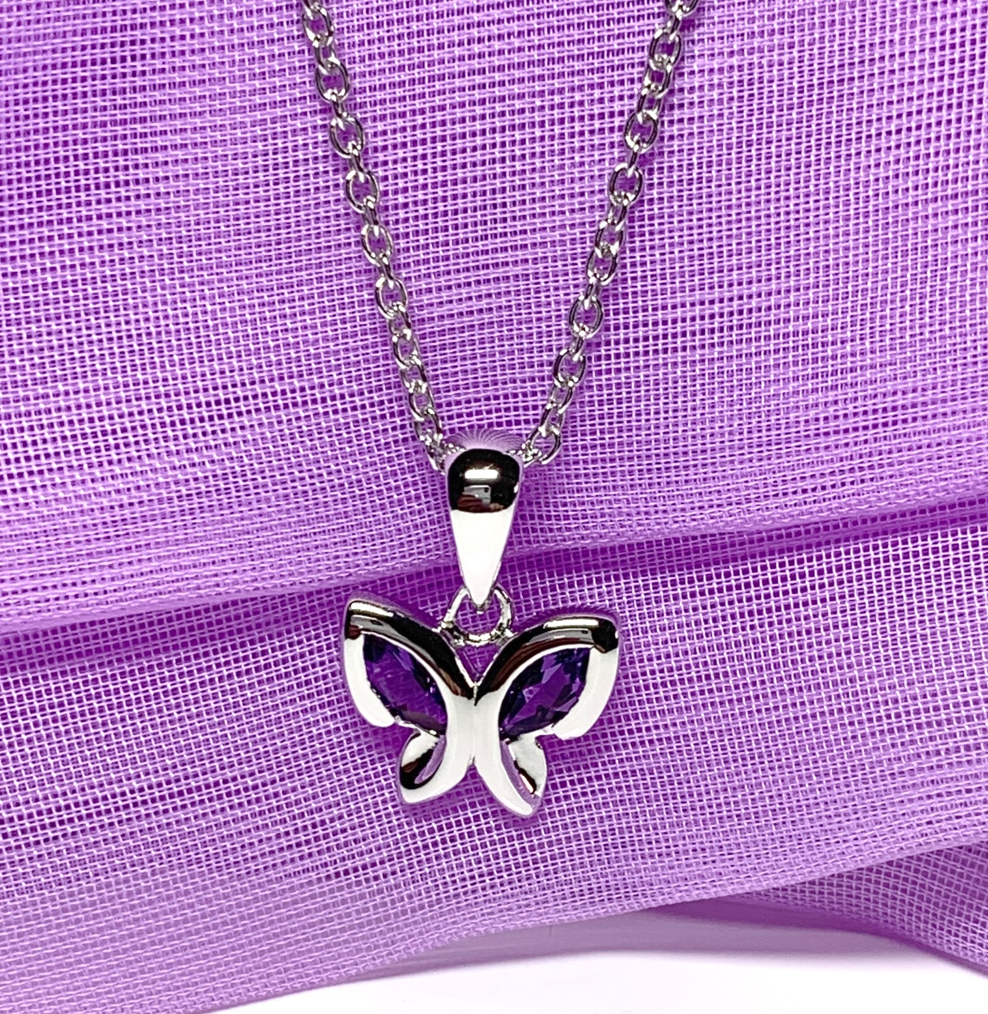 Real purple amethyst butterfly shape necklace pendant sterling silver