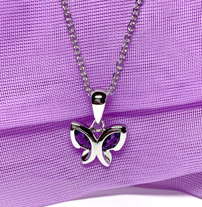 Real purple amethyst butterfly shape necklace pendant sterling silver